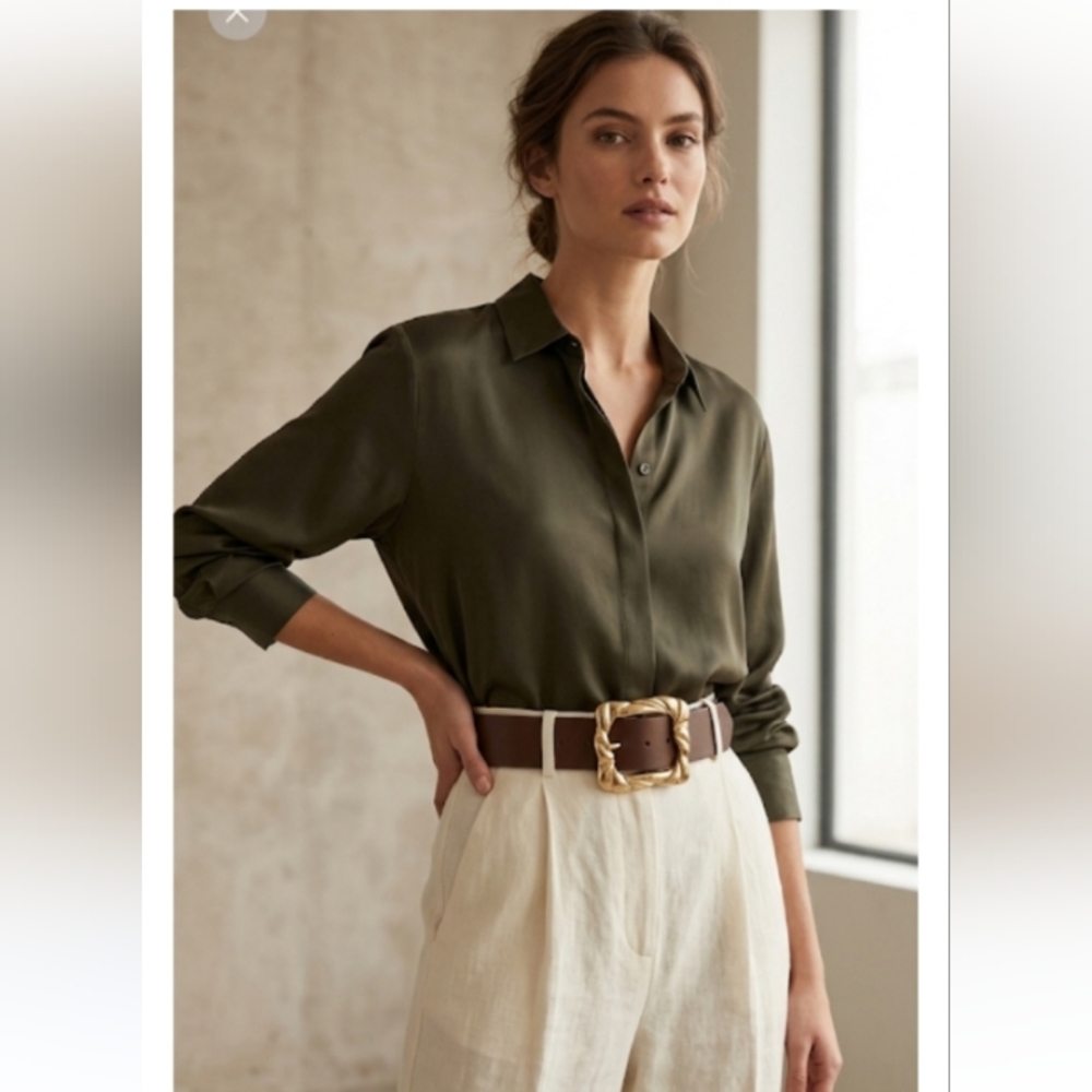 Zara Brown Leather Belt with Gold Hammered Buckle